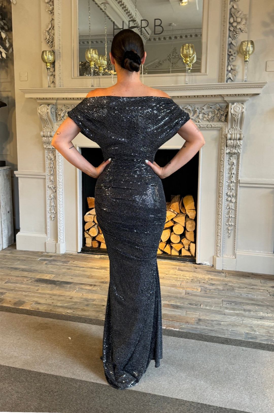 Platinum gown in gunmetal sequin sparkle T2