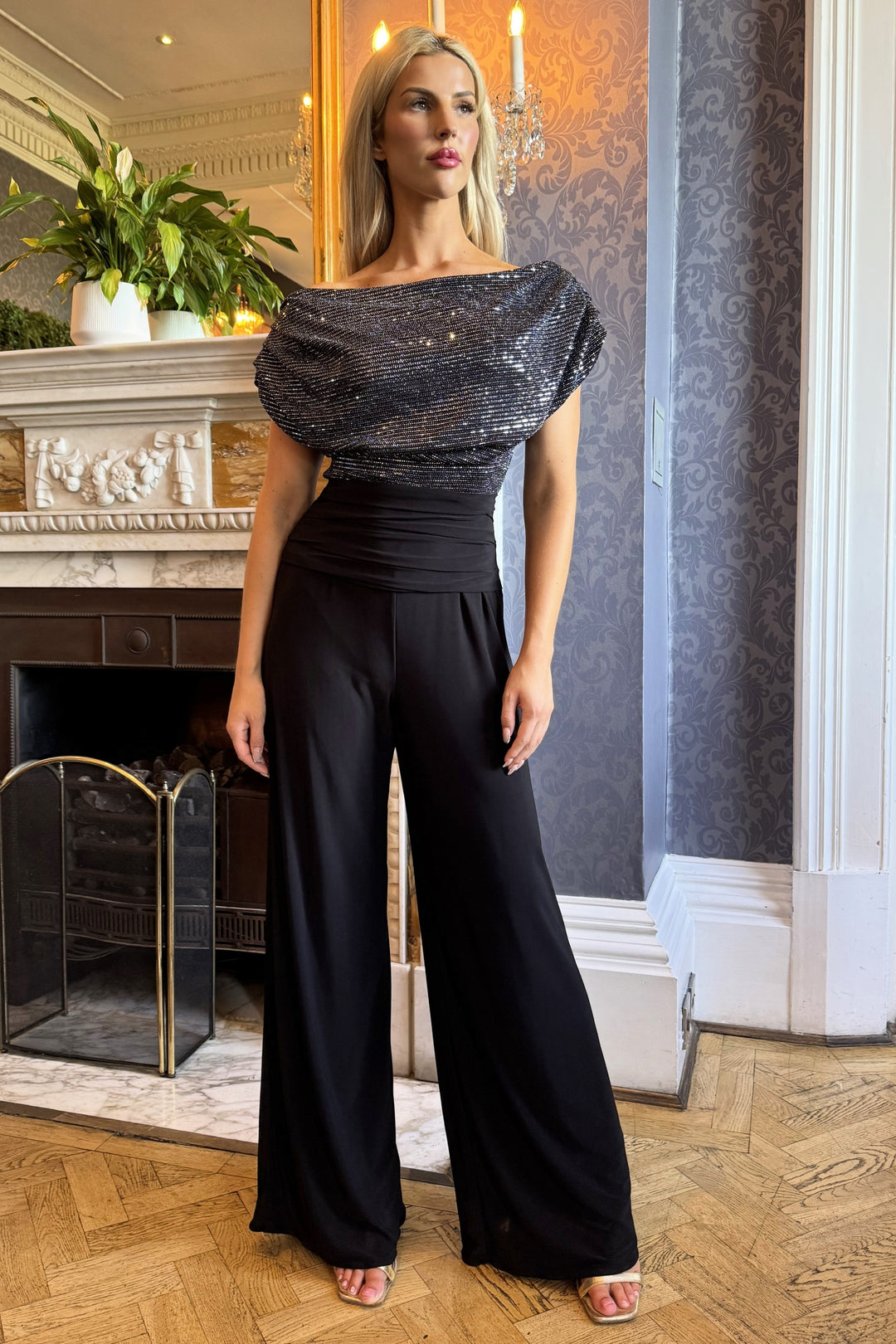 Carbon jumpsuit in gunmetal sequin sparkle T1