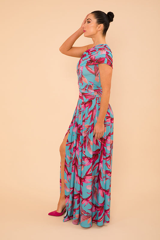 ATOM LABEL copper dress in turquoise & magenta lily print