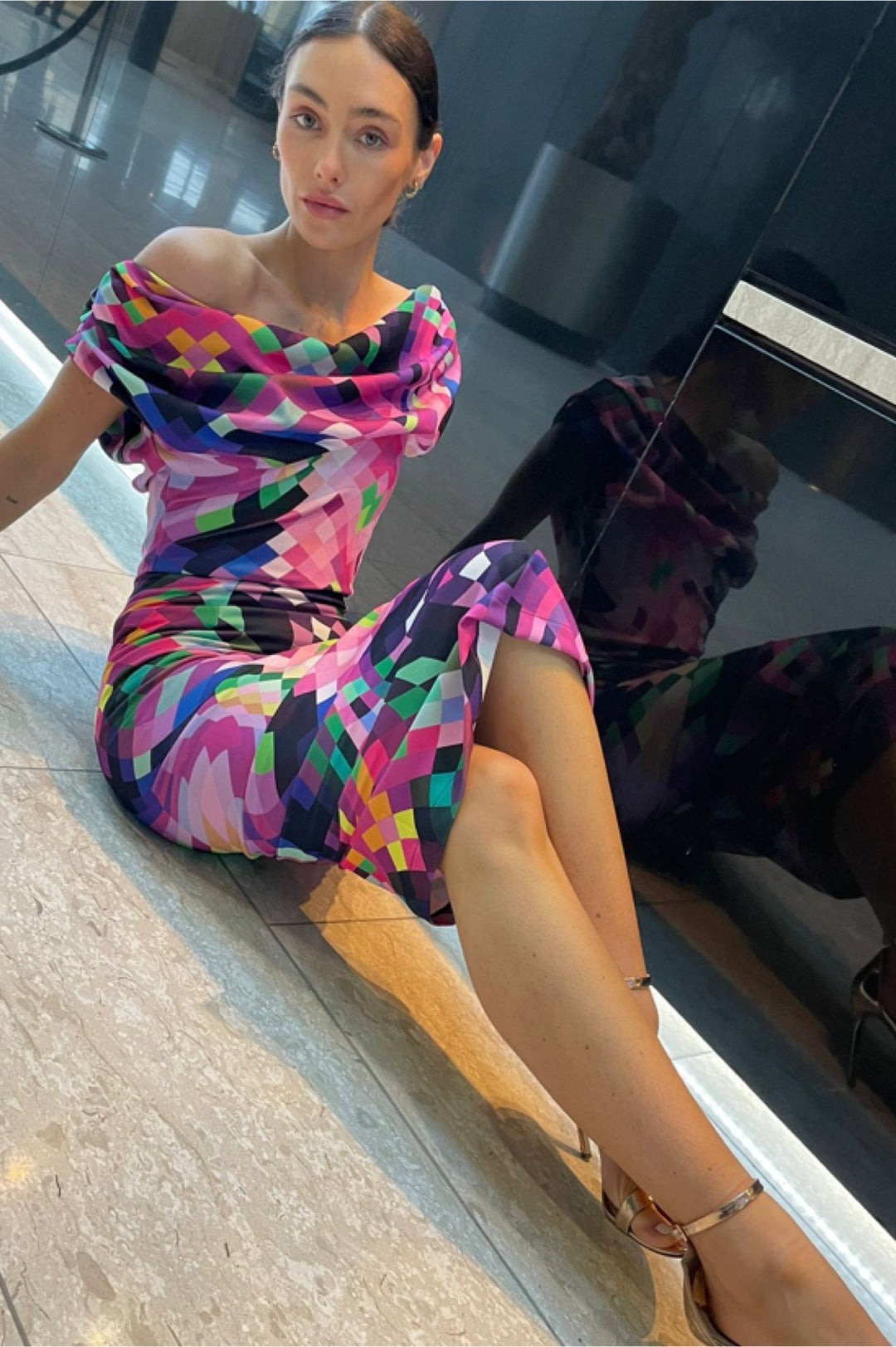 ATOM LABEL janus dress in multicolour pixel print