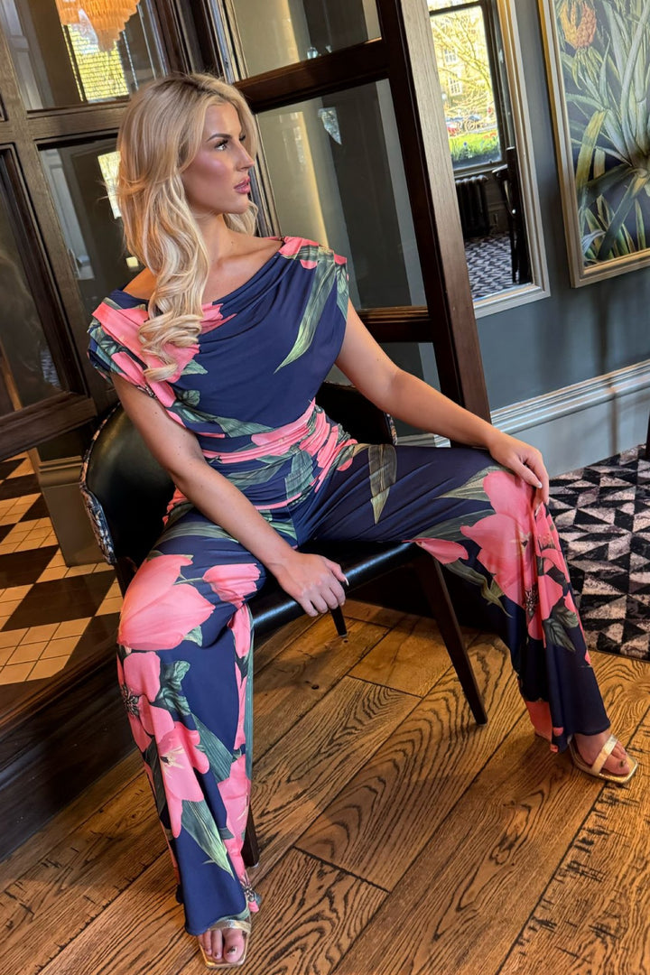 Carbon jumpsuit in navy & coral floral