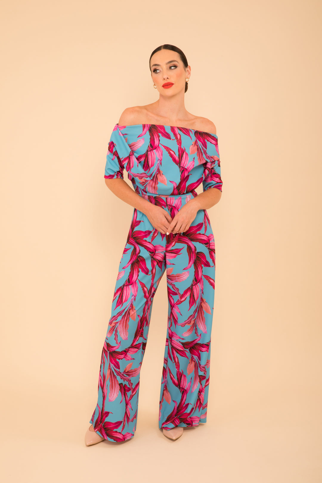 ATOM LABEL lima jumpsuit in turquoise & magenta lily print
