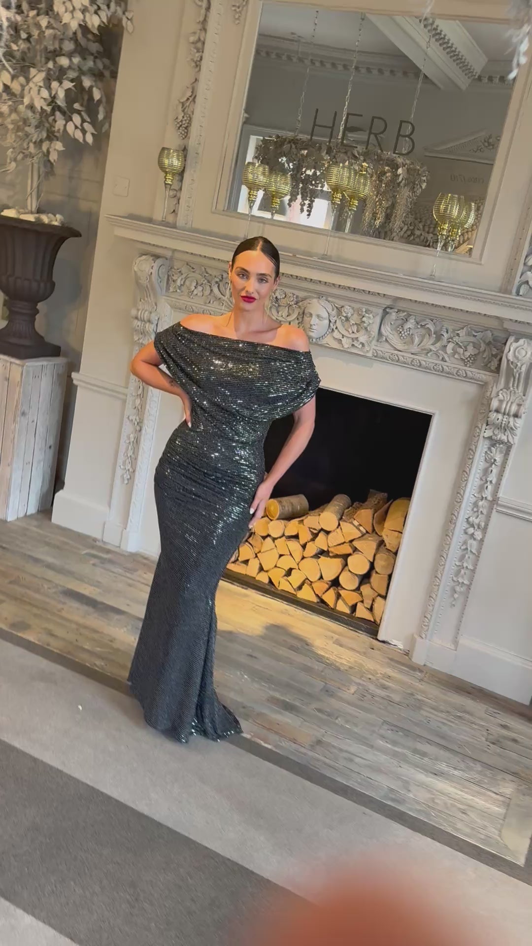 Platinum gown in gunmetal sequin sparkle T2