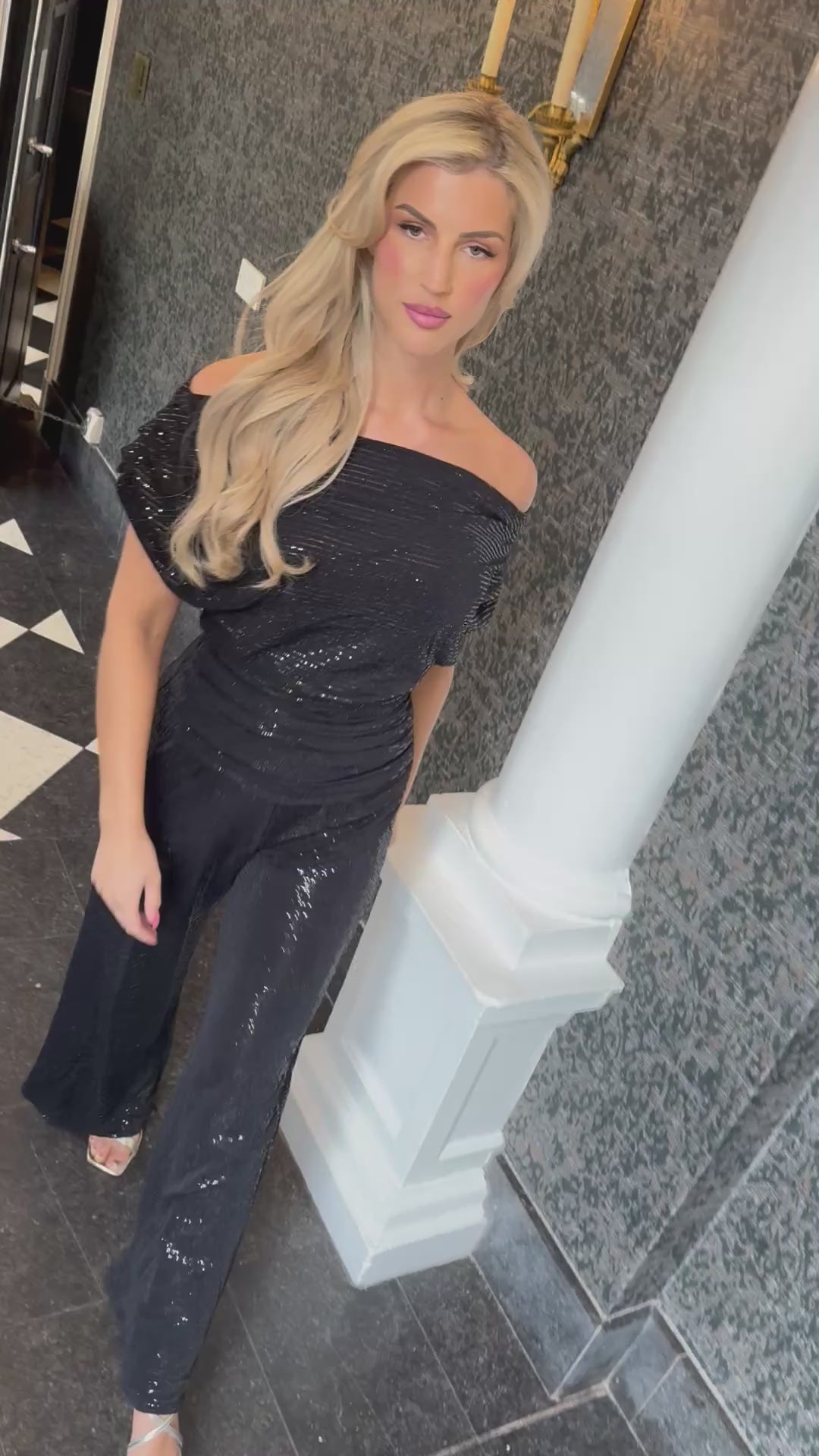 Carbon jumpsuit in all over black sequin sparkle T2
