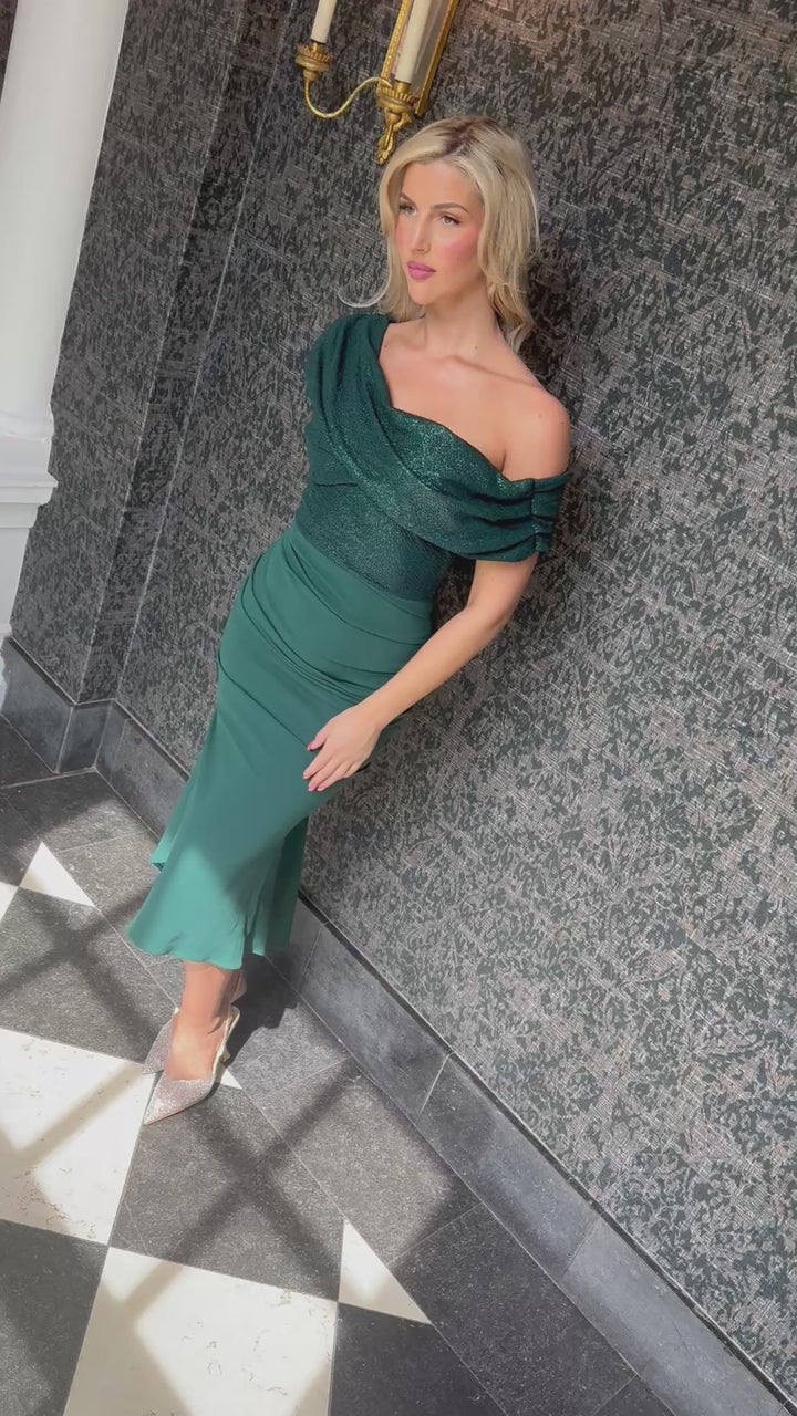 Mercury midi dress in forest sparkle & forest T2