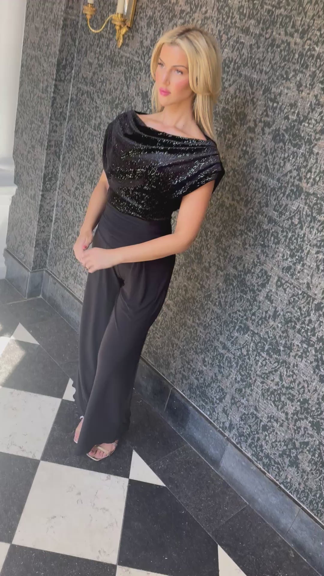 Carbon jumpsuit in black sparkle velvet & black T2