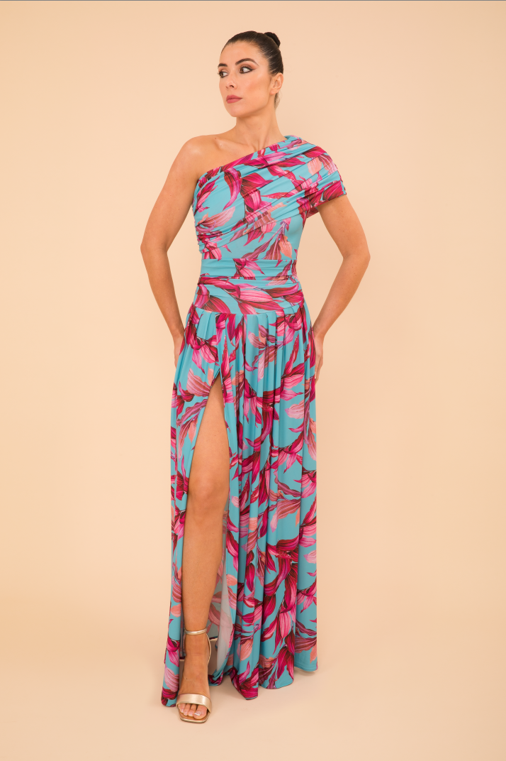 ATOM LABEL copper dress in turquoise & magenta lily print