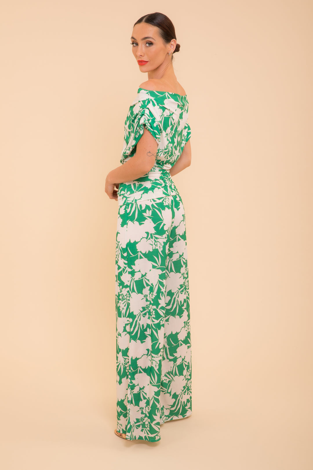 ATOM LABEL carbon jumpsuit in green & ivory print