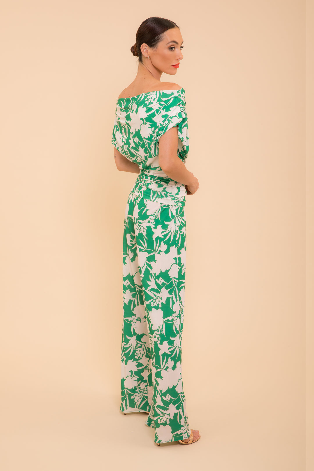 ATOM LABEL carbon jumpsuit in green & ivory print
