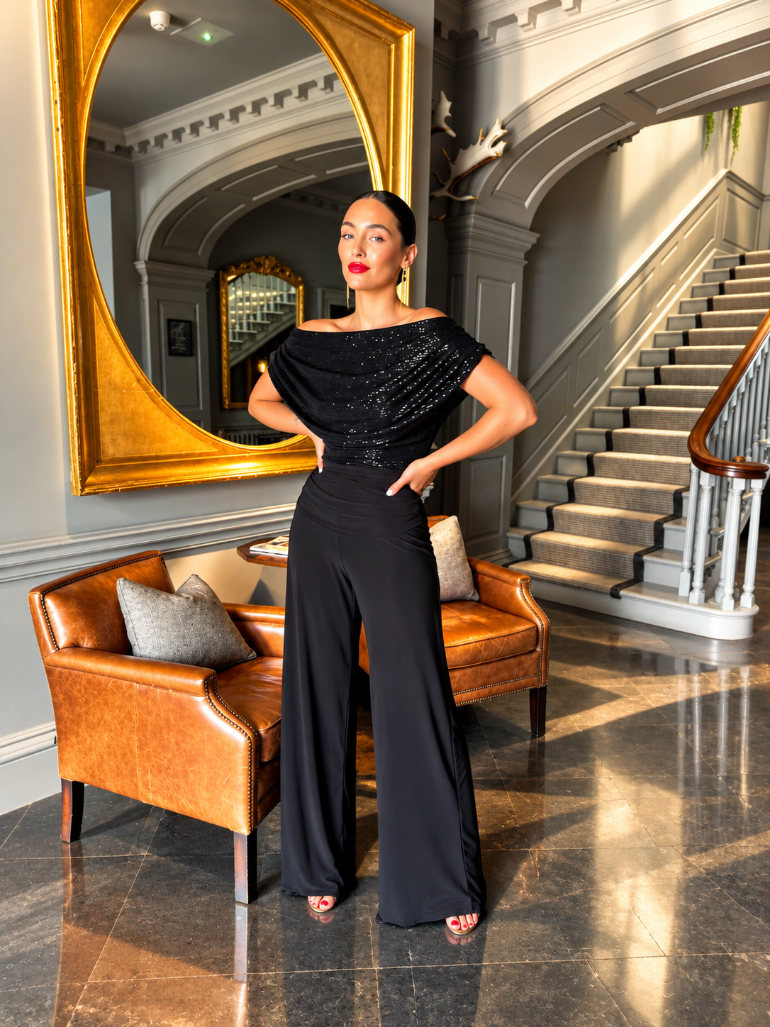 Carbon Sequin Bardot Wide Leg Jumpsuit styled for a winter wedding guest outfit