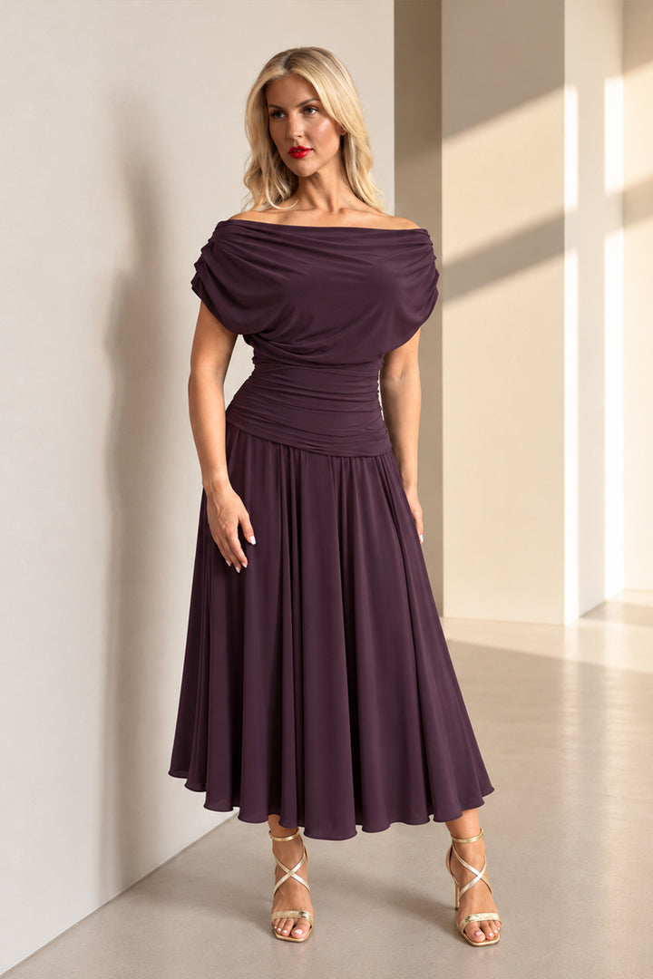 Carbon tea length dress in blackcurrant T2/D4