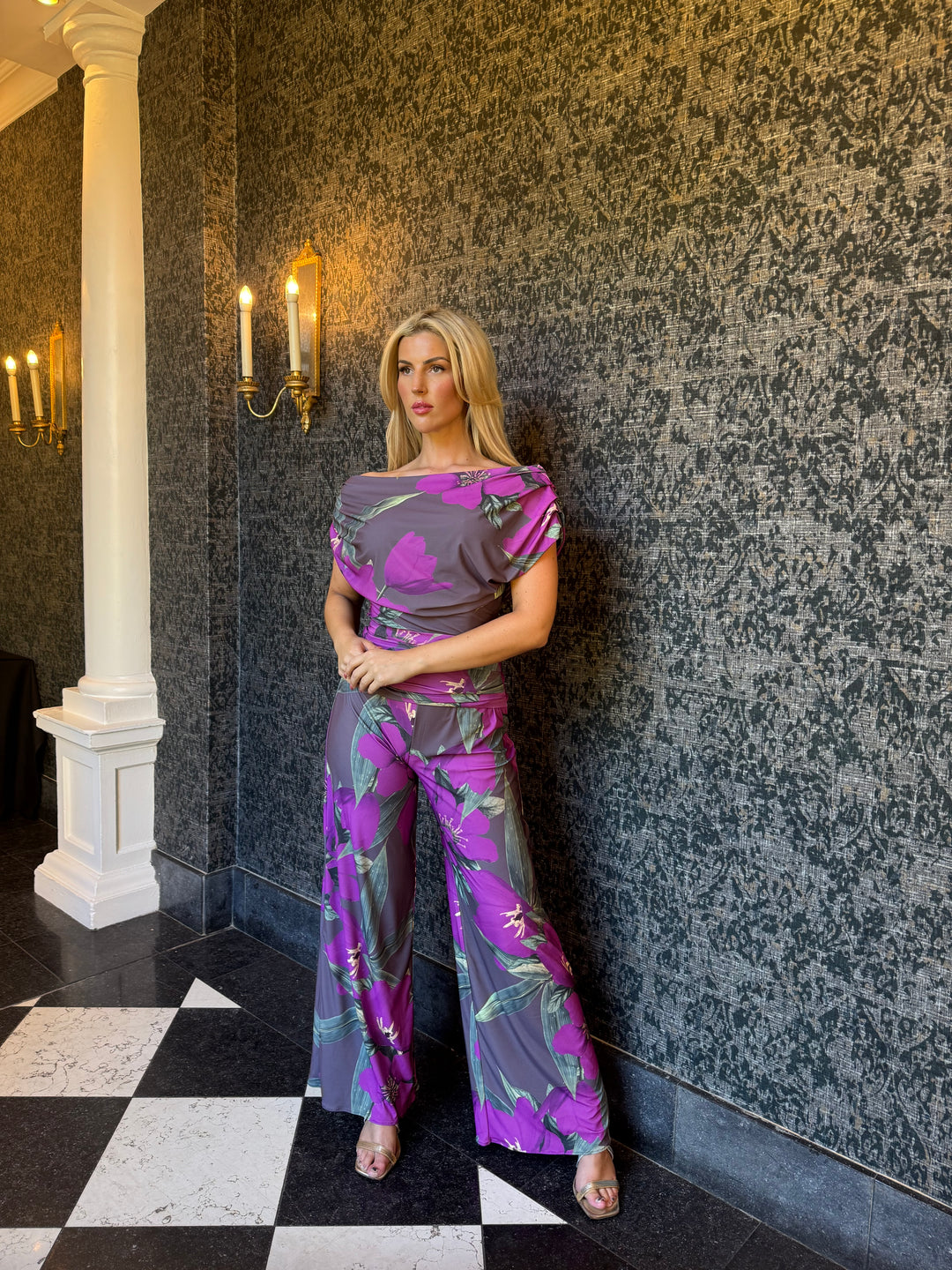 Carbon jumpsuit in magenta lily print