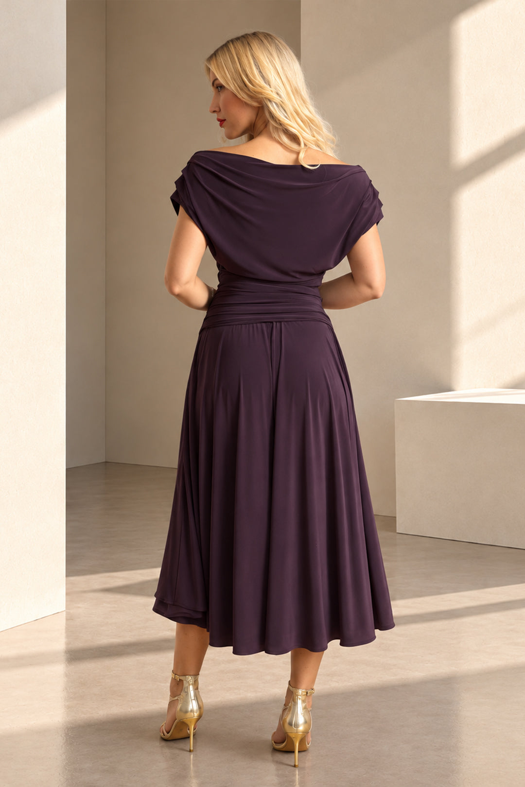 Carbon tea length dress in blackcurrant T2/D4