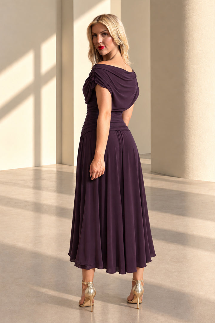 Carbon tea length dress in blackcurrant T2/D4