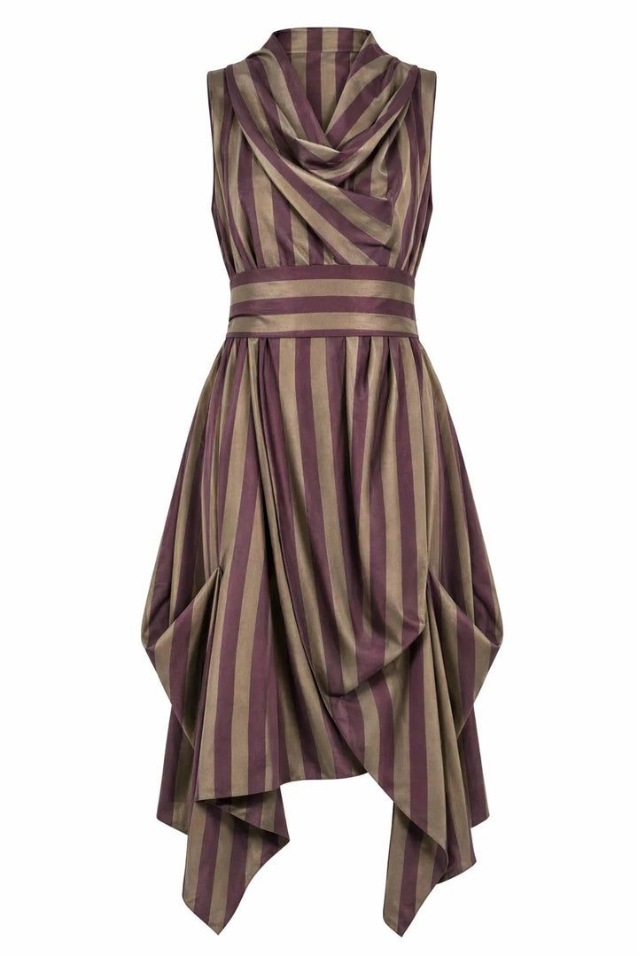 Jolaby Wrap Ruched Dress in Aubergine Stripe