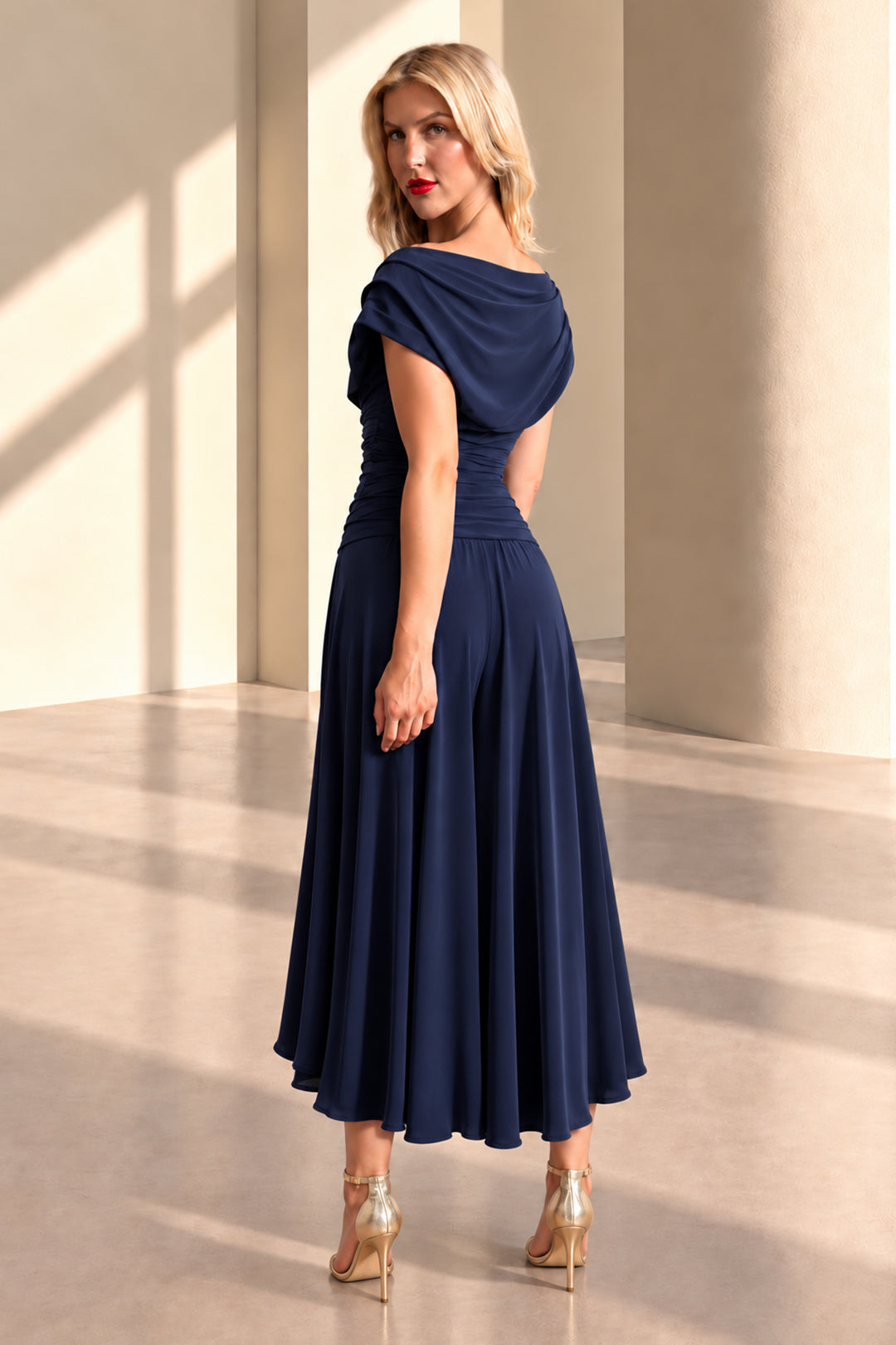 Carbon tea length dress in navy T2/D4