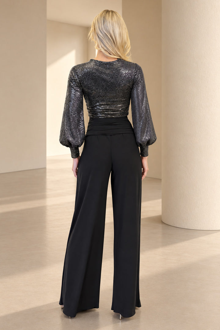 Indium jumpsuit with bell sleeve in gunmetal sequin &amp; black T2/D5