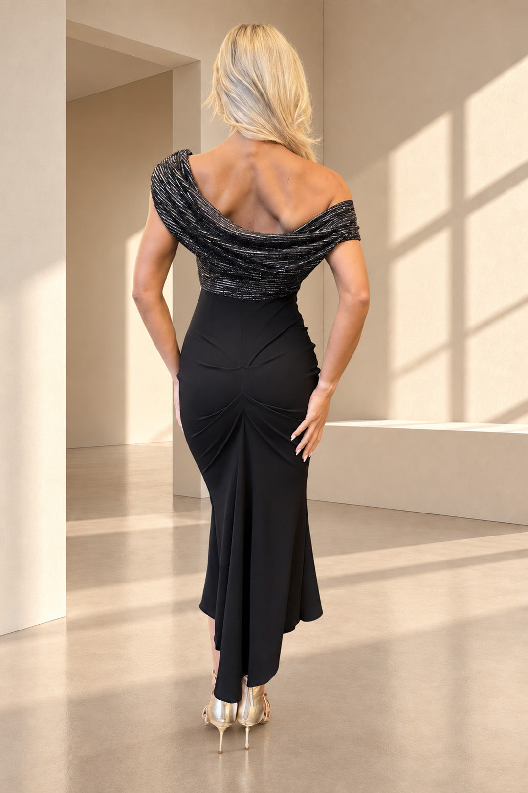 Mercury midi dress in gunmetal sequin &amp; black T2/D5