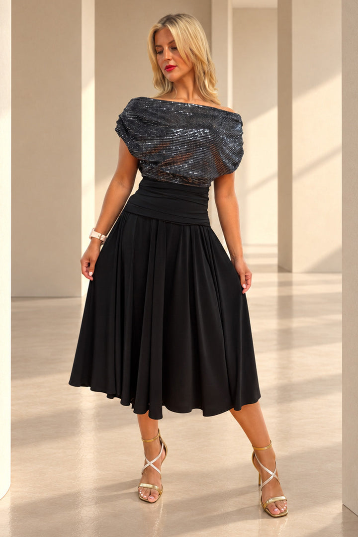 Carbon tea length dress in gunmetal sequin &amp; black T1/D5