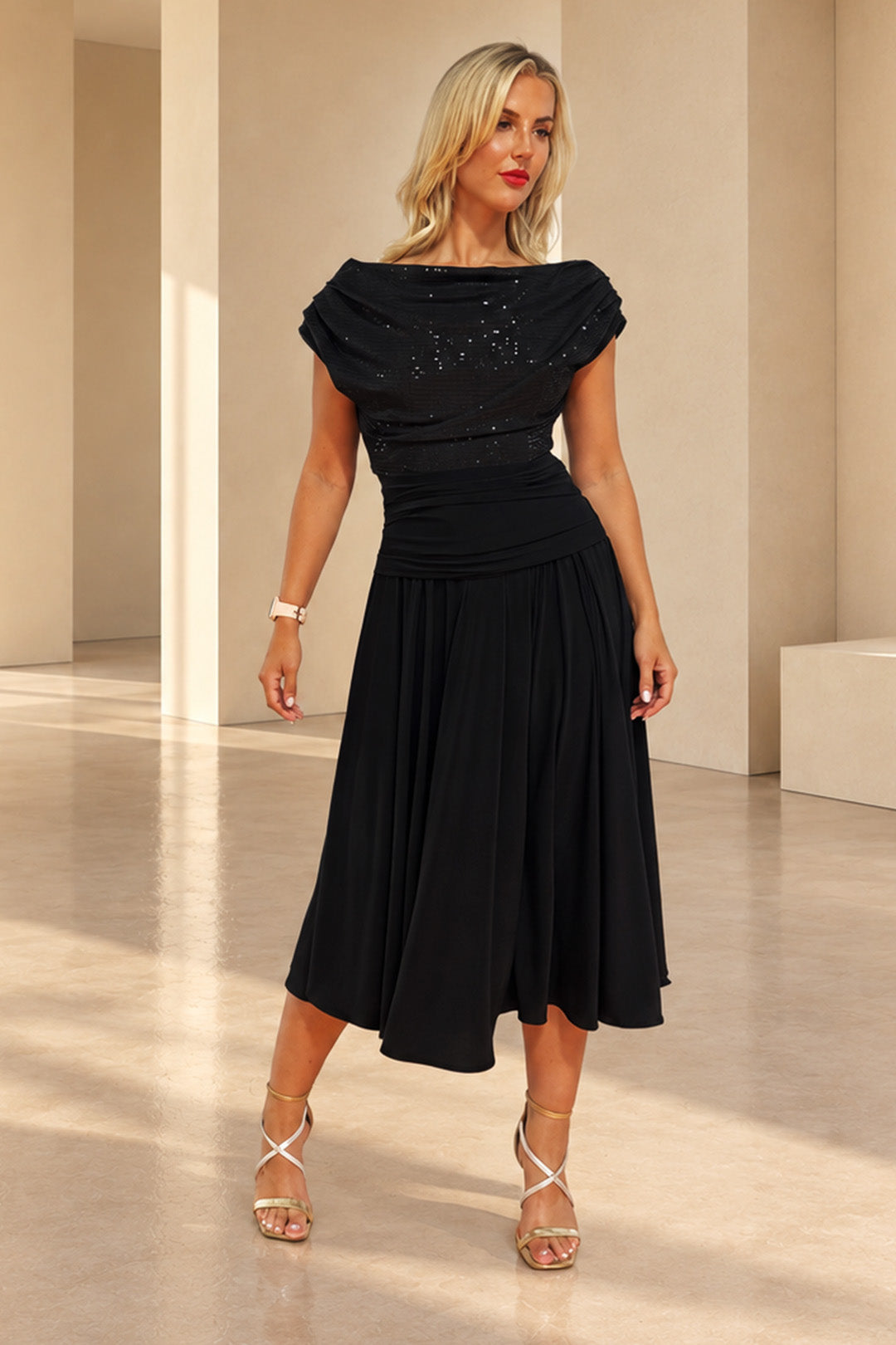 Carbon tea length dress in black sequin &amp; black T1/D5