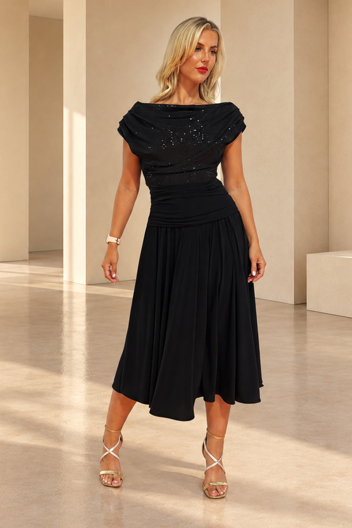 Carbon tea length dress in black sequin &amp; black T1/D5