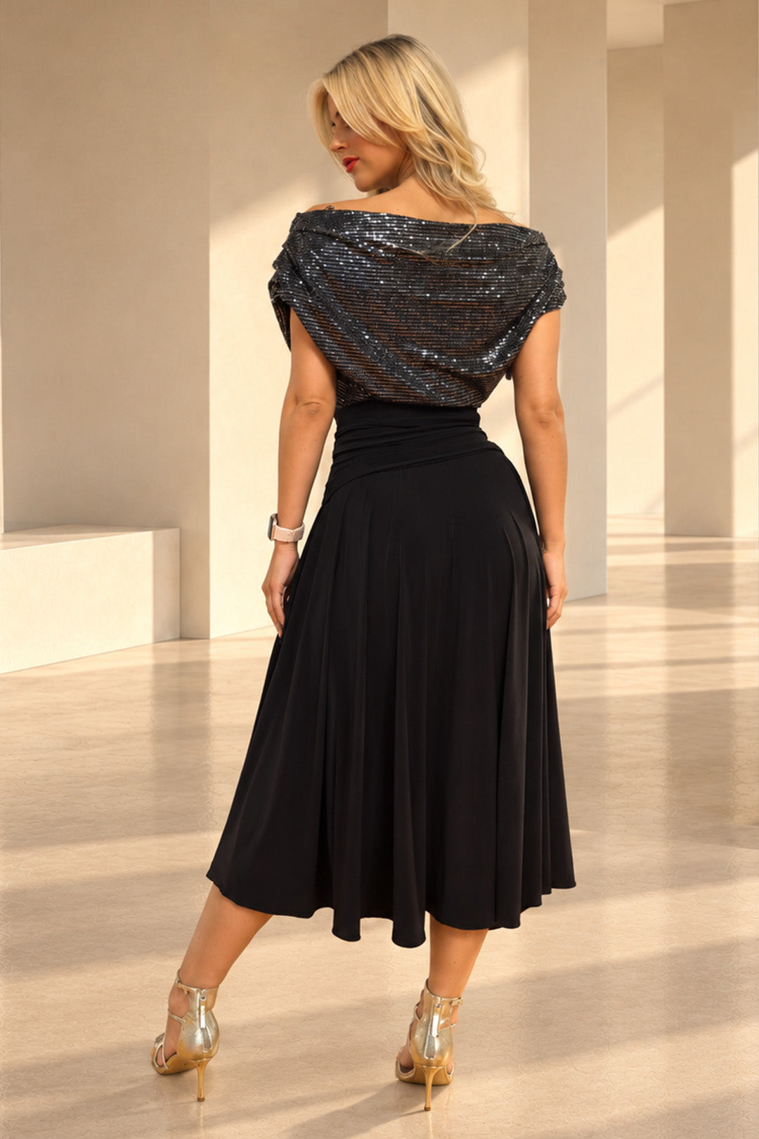 Carbon tea length dress in gunmetal sequin &amp; black T1/D5