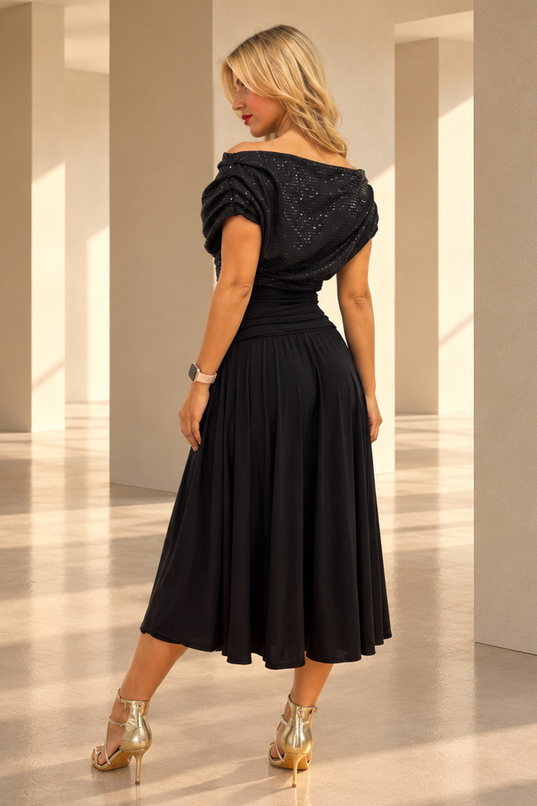 Carbon tea length dress in black sequin &amp; black T1/D5