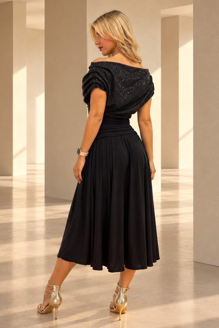 Carbon tea length dress in black sequin &amp; black T1/D5