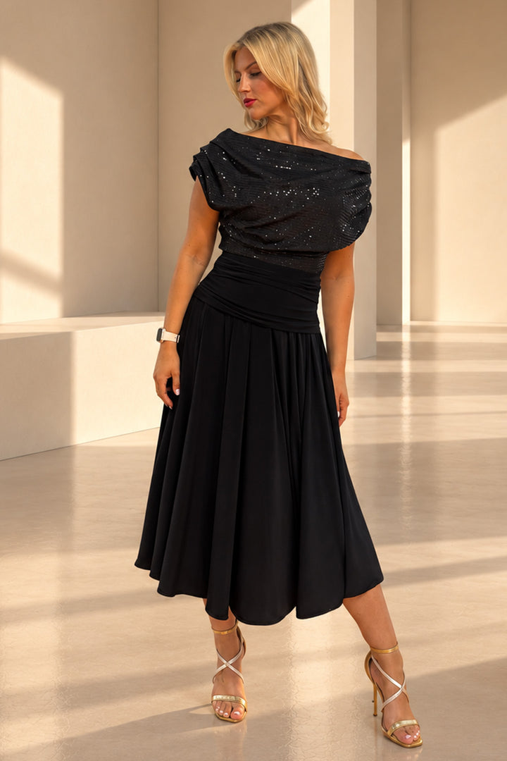 Carbon tea length dress in black sequin &amp; black T1/D5