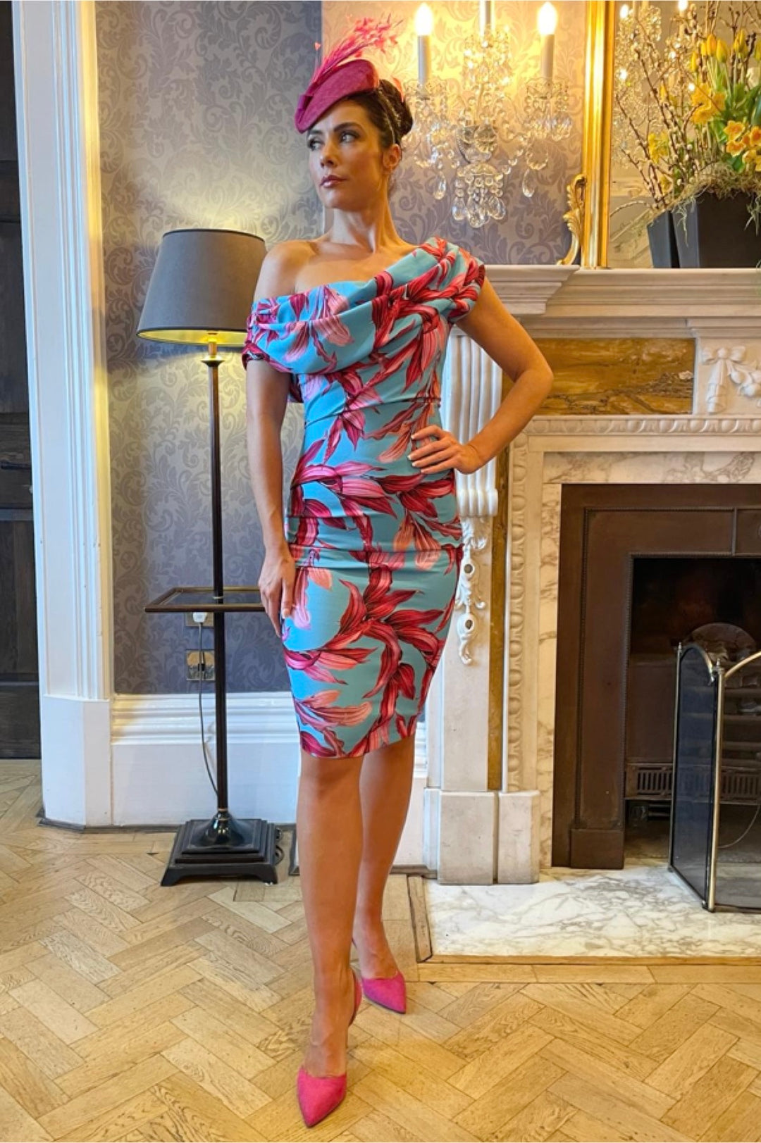 Chromium dress in turquoise & magenta lily print