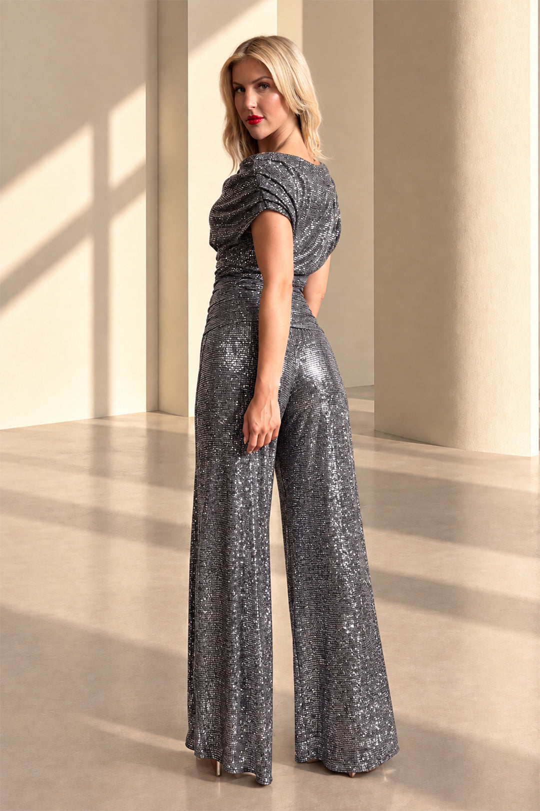 Carbon jumpsuit in all over gunmetal sequin sparkle T3