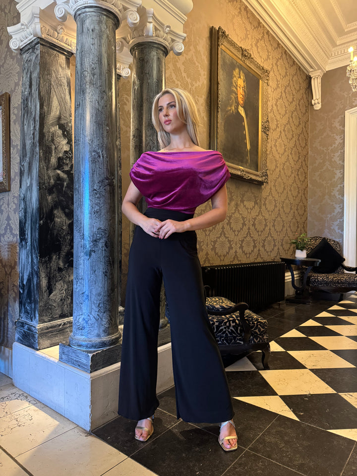 Carbon jumpsuit in magenta velvet & black