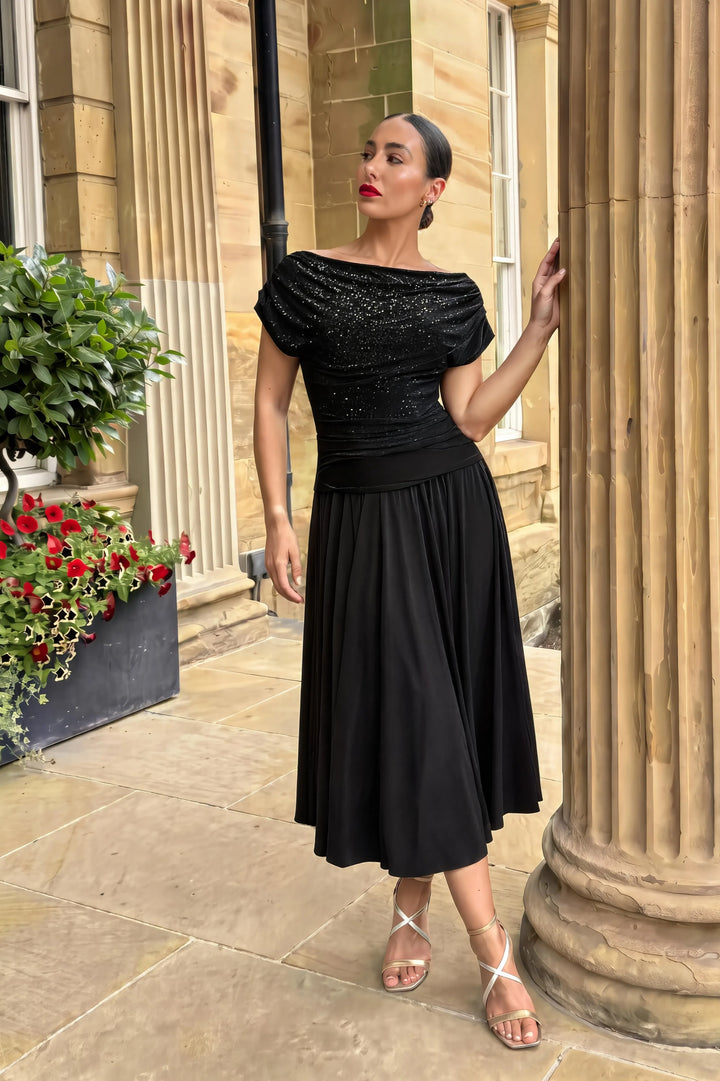 Carbon tea length dress in black sequin &amp; black T3