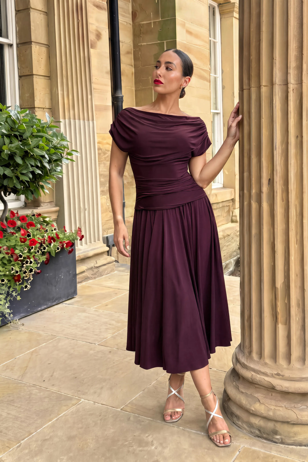 AW26 Carbon tea length dress in blackcurrant