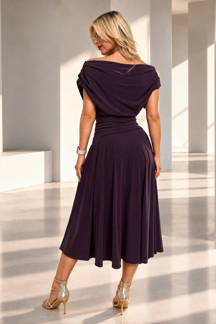 Carbon tea length dress in blackcurrant T1/D4