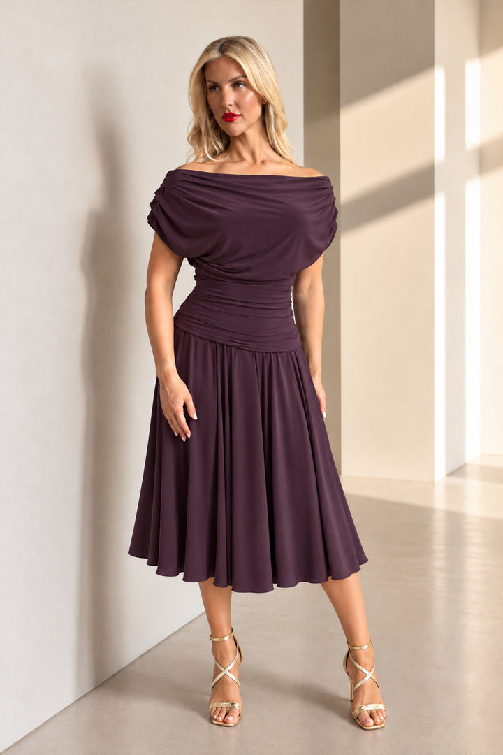 Carbon tea length dress in blackcurrant T1/D4