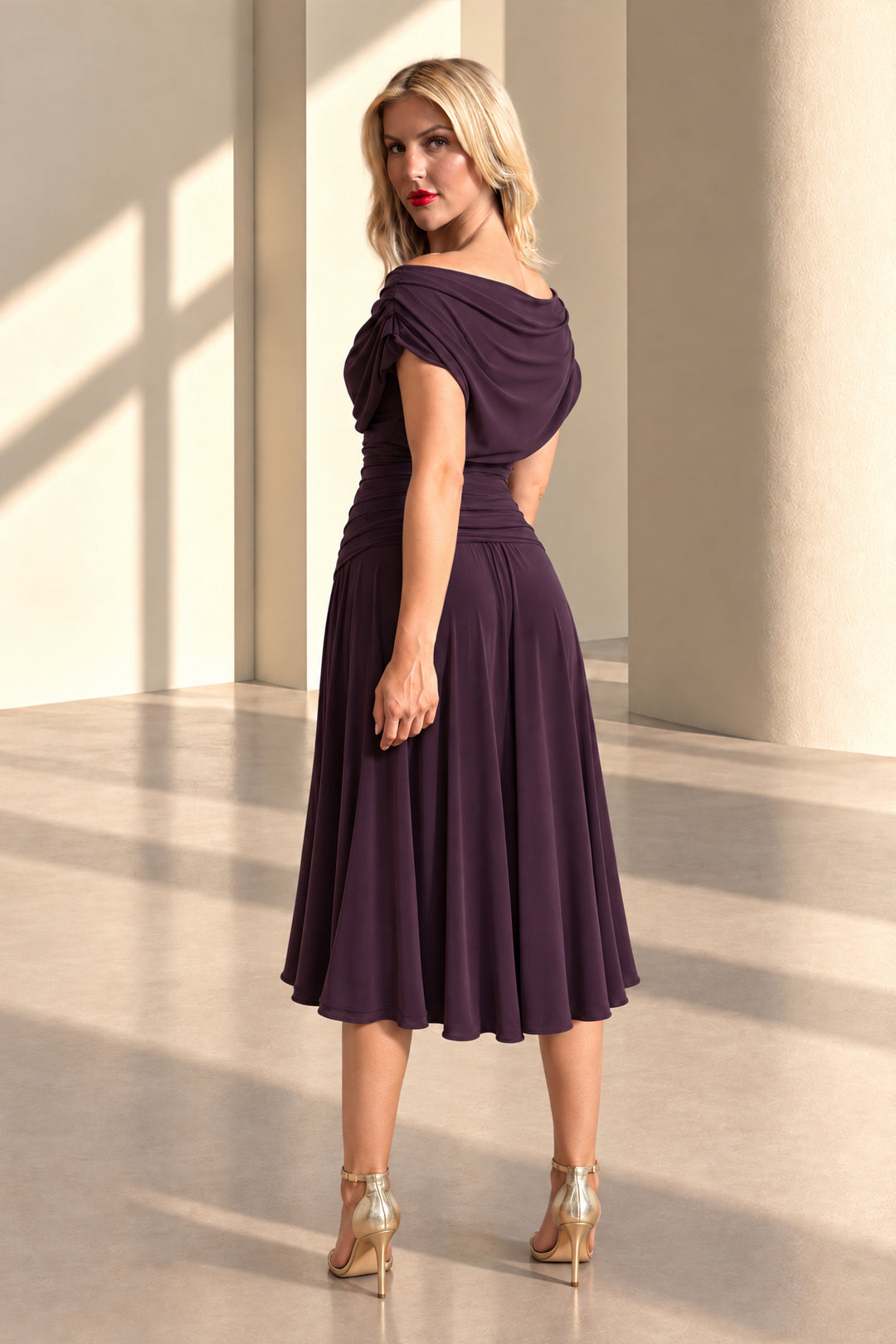 Carbon tea length dress in blackcurrant T1/D4