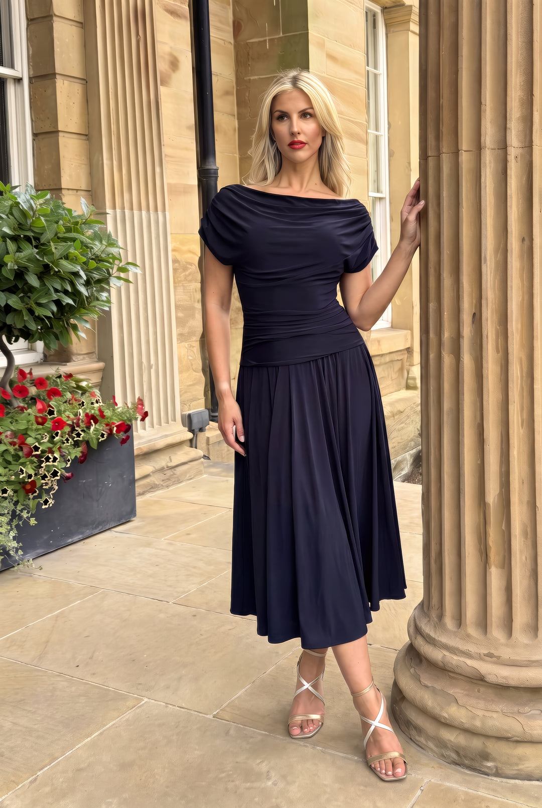 SS27 Carbon tea length dress in navy