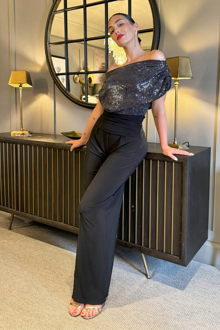 Carbon jumpsuit in gunmetal sequin sparkle T1