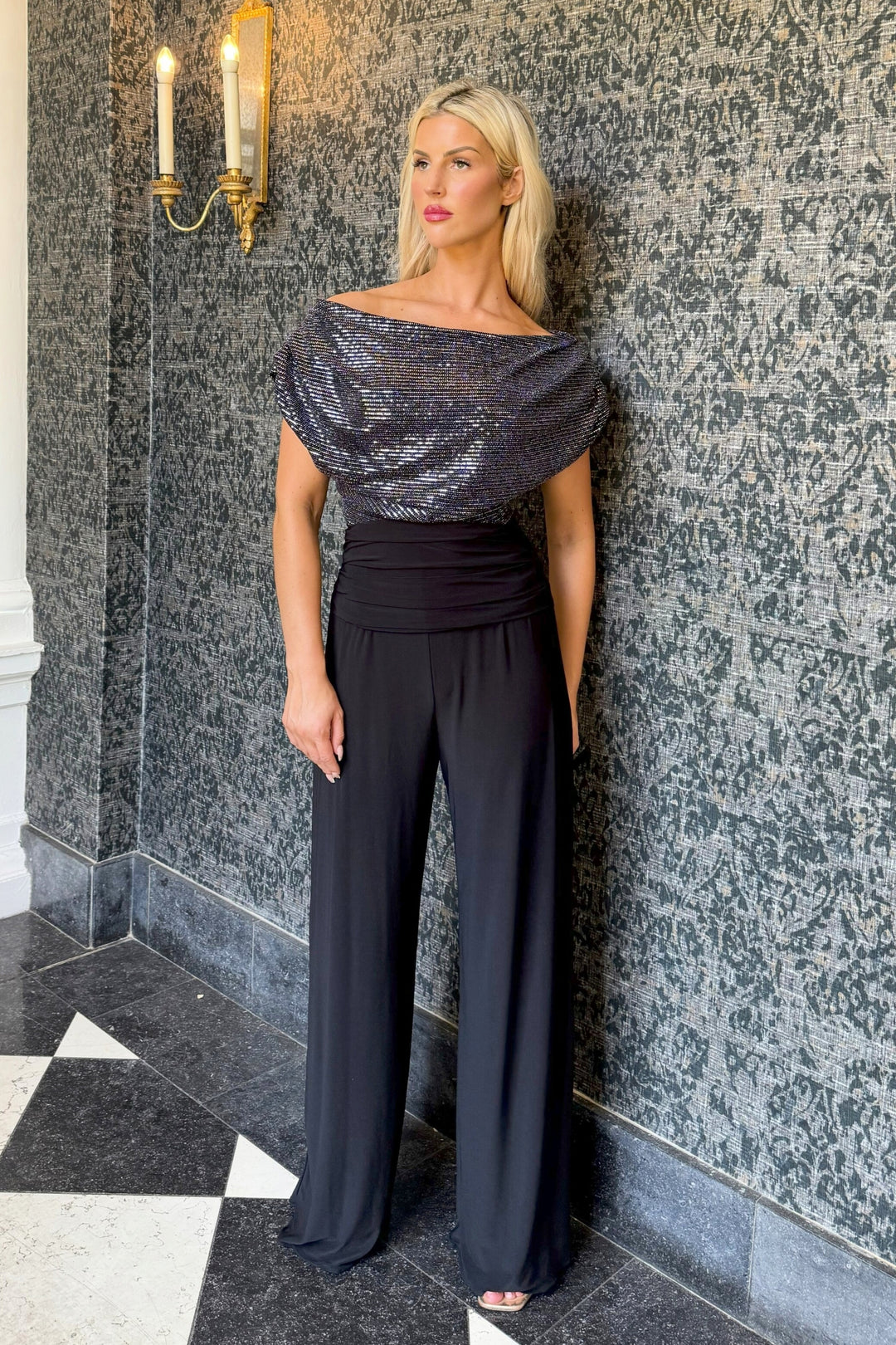 Carbon jumpsuit in gunmetal sequin sparkle T1