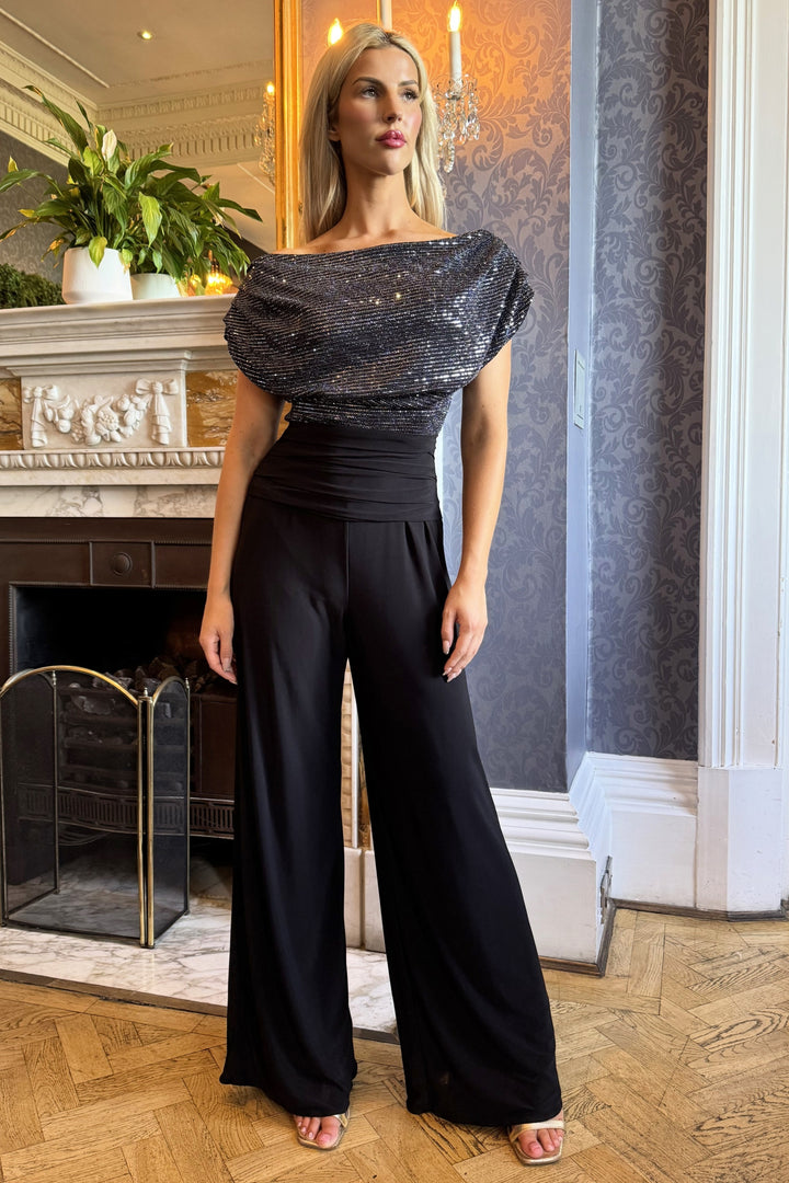 Carbon jumpsuit in gunmetal sequin sparkle T1