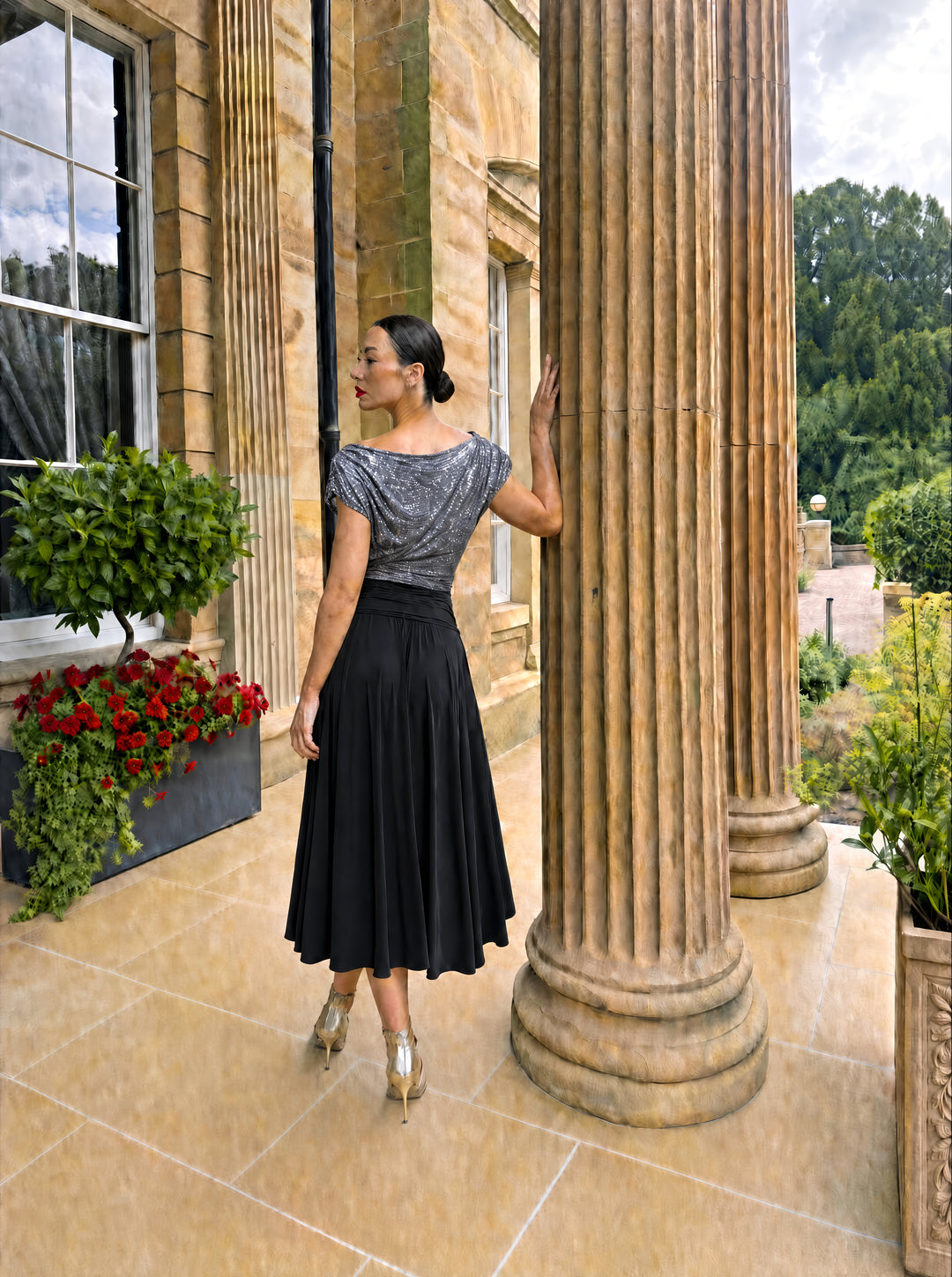 Carbon tea length dress in gunmetal sequin &amp; black T1/D5