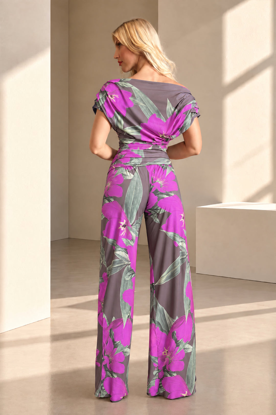 Carbon jumpsuit in magenta lily print