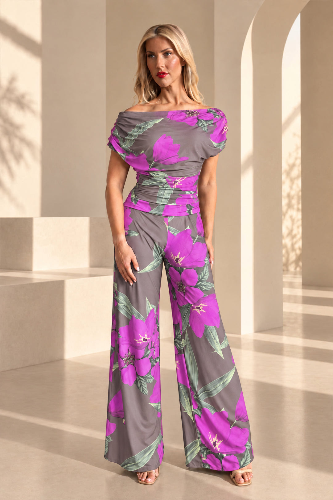 Carbon jumpsuit in magenta lily print