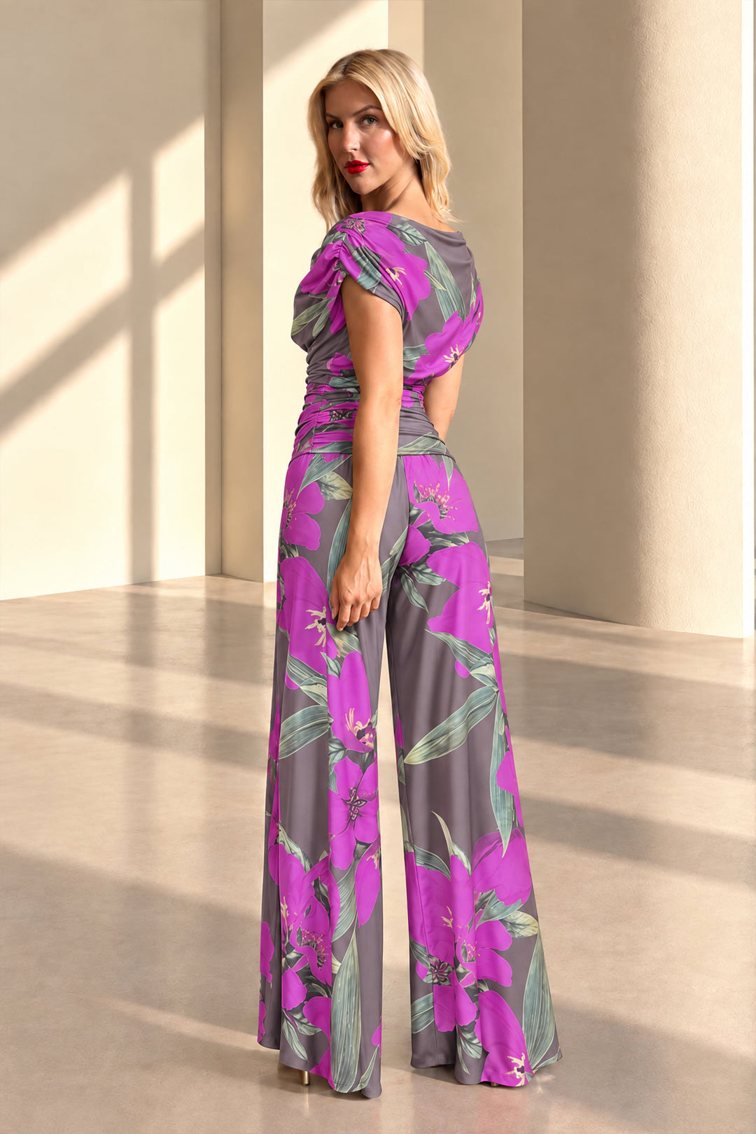 Carbon jumpsuit in magenta lily print