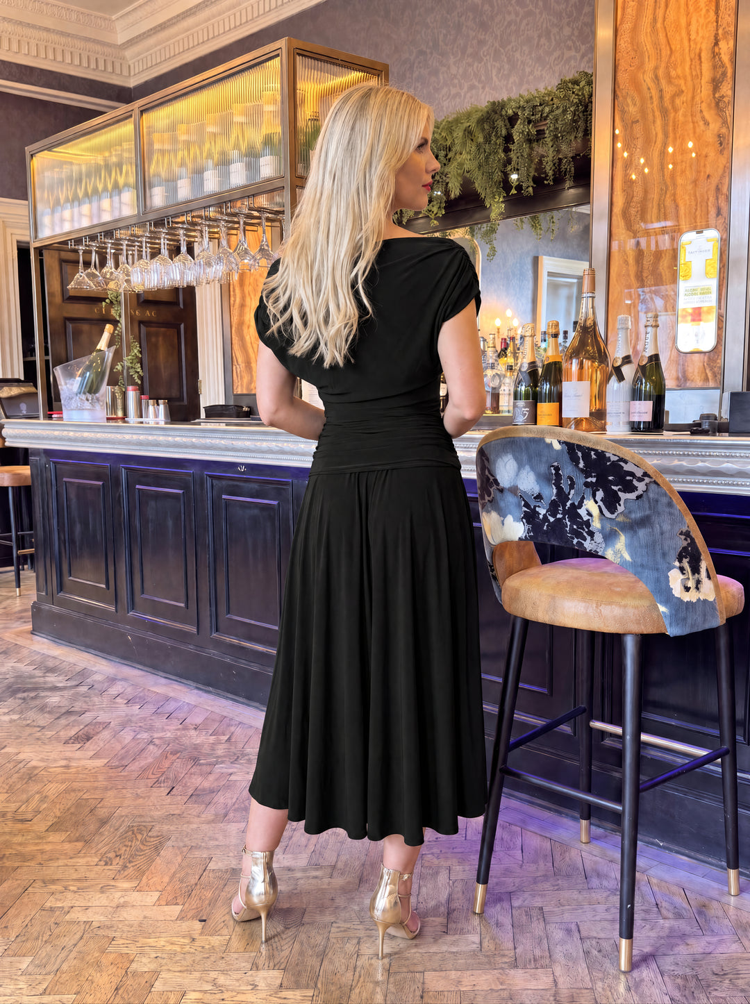 Carbon tea length dress in black T3