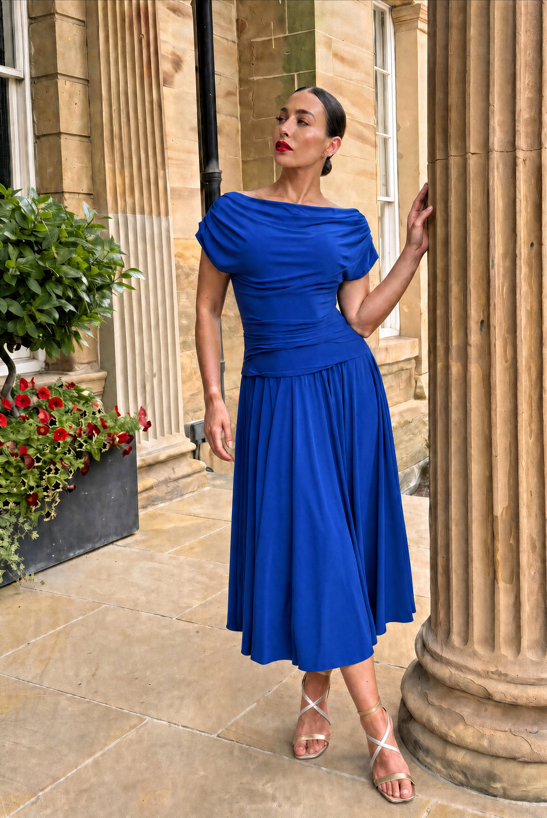 Carbon tea length dress in cobalt T3