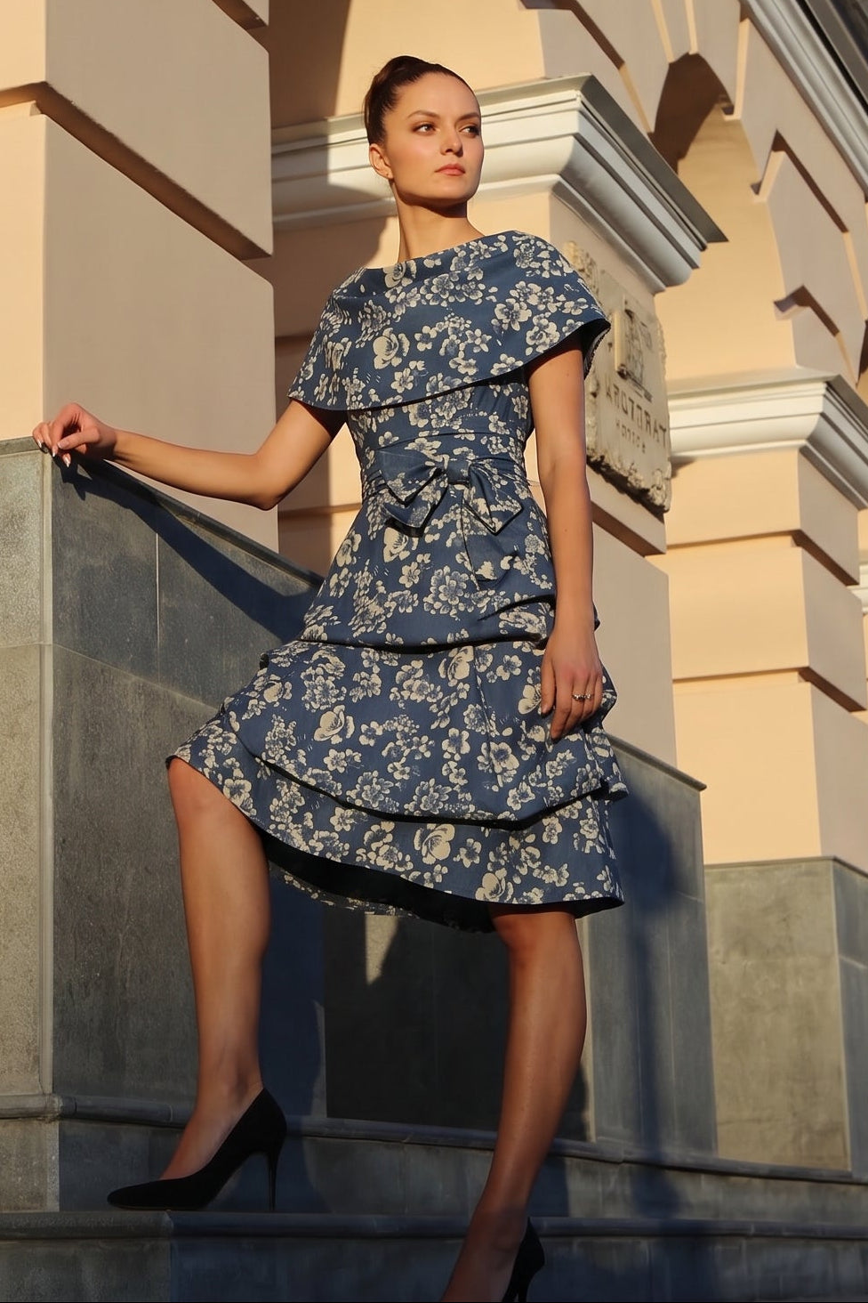 Jolaby Cowl Hitch Dress in Denim Floral