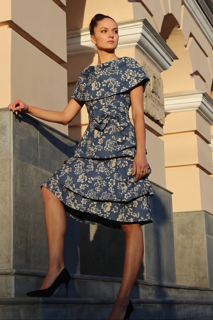 Jolaby Cowl Hitch Dress in Denim Floral