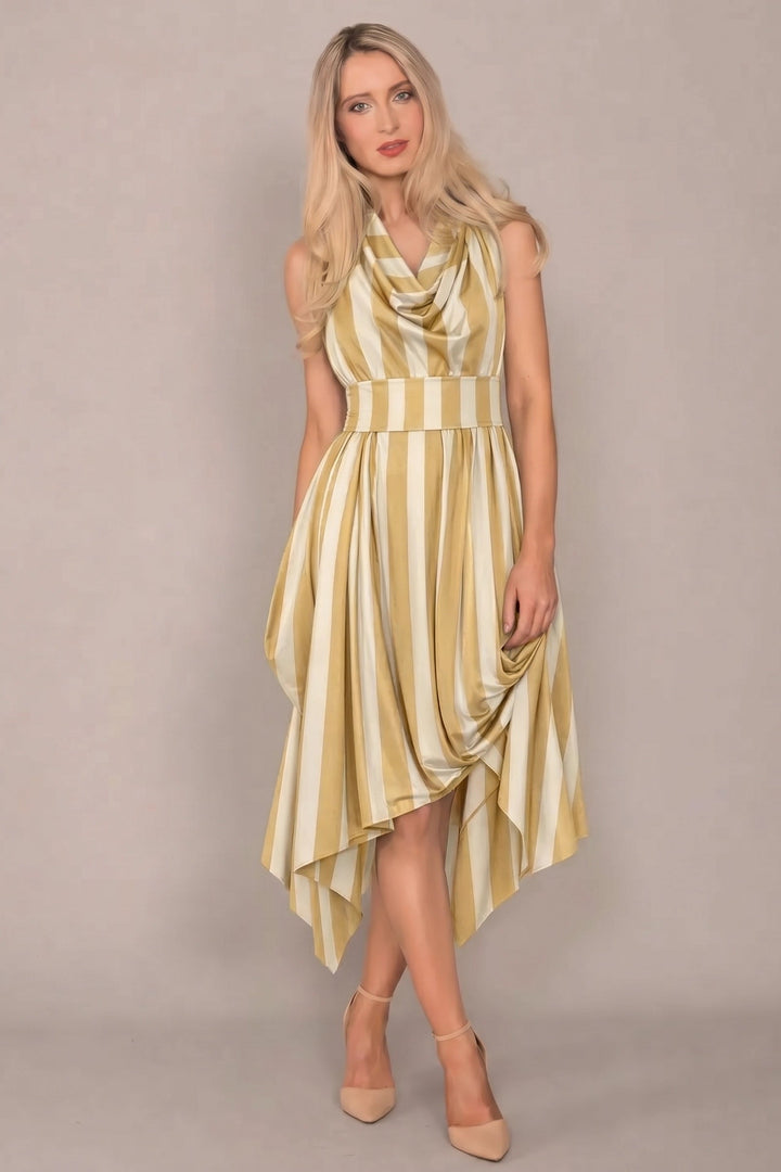 Jolaby Wrap Ruched Dress in Gold Stripe